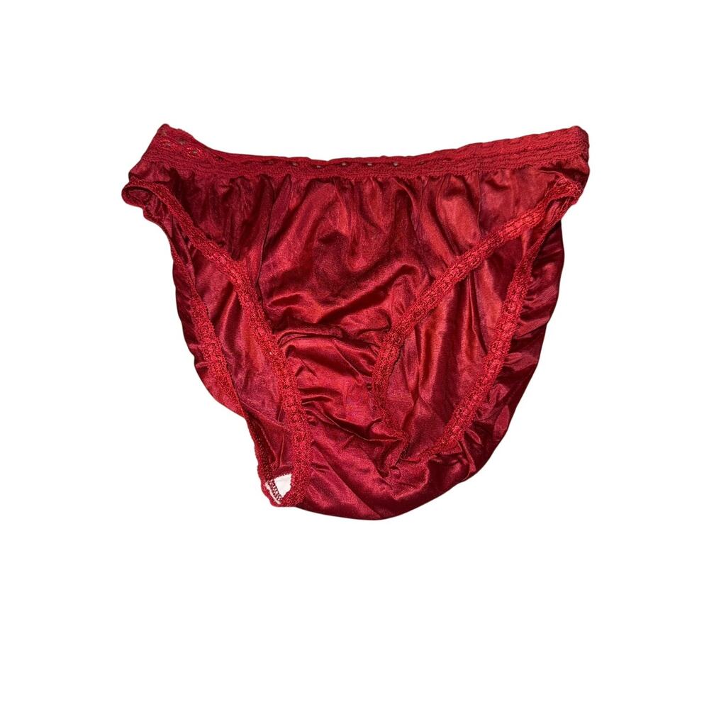 Vintage JCPenney Burgundy Satin Brief Panties Lace Trim Size Medium